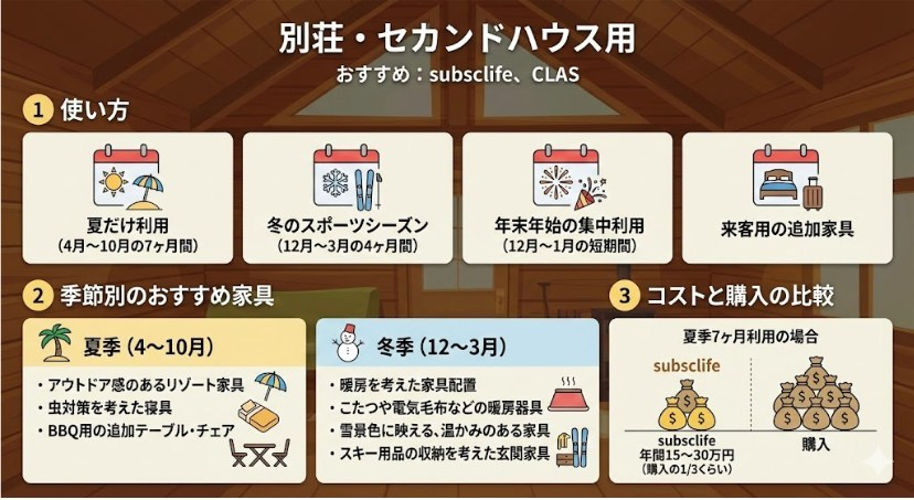 別荘・セカンドハウスで家具を使う場面のイラスト