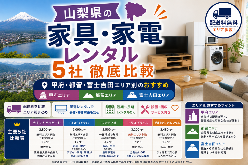【山梨県】家具・家電レンタル5社徹底比較|甲府・都留・富士吉田エリア別のおすすめ